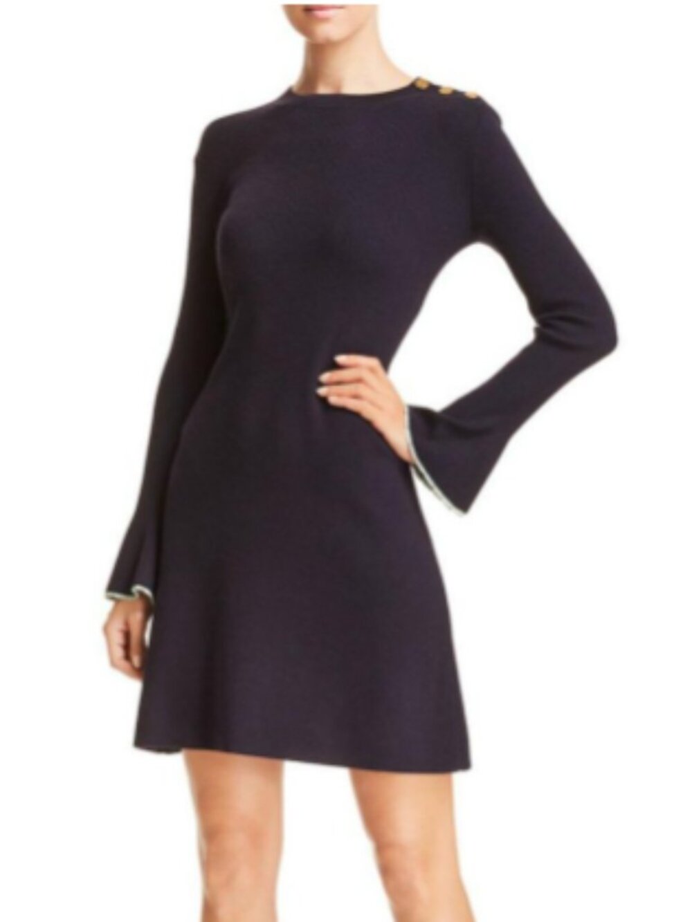 Tory Burch Ribbed Flare Sleeve Sweater Dress Size M Navy Gold Button Shoulder